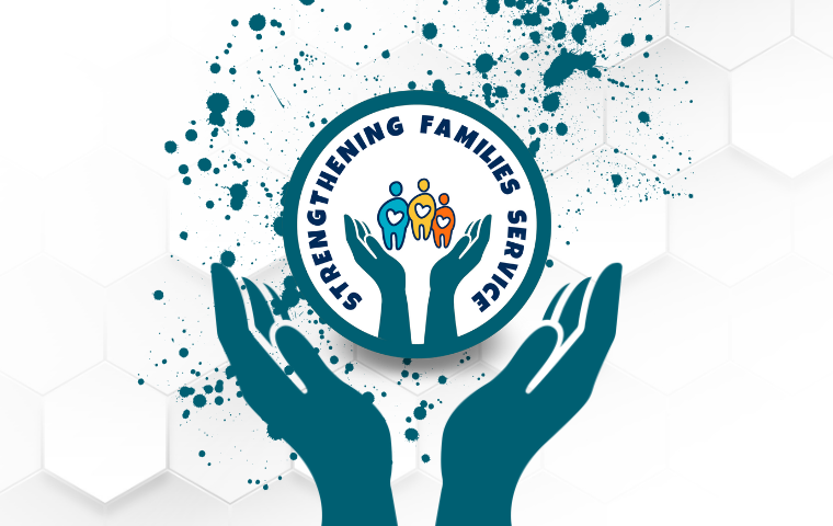 two hands holding the Strengthening families Service logo above it with paint splatter in the background